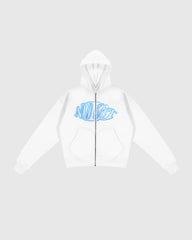 Face zip hoodie oversize Noclout blanc logo bleu streetwear
