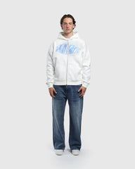 Face zip hoodie oversize Noclout blanc porté homme logo bleu streetwear