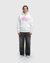 Face zip hoodie oversize Noclout blanc porté homme logo rose streetwear