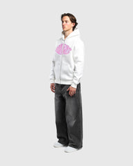 Profil zip hoodie oversize Noclout blanc porté homme logo rose streetwear
