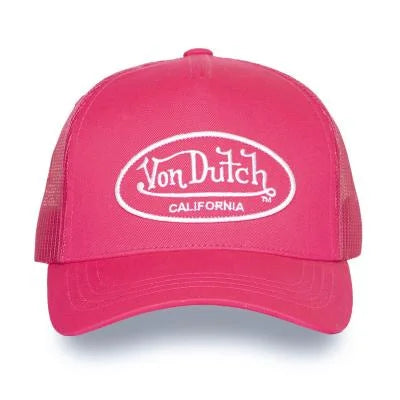Casquette trucker Von Dutch California rose logo brodé blanc