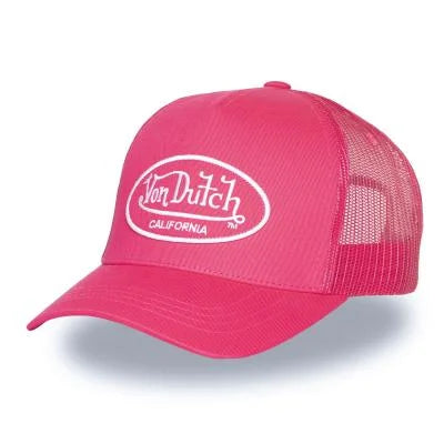 Vue profil casquette trucker Von Dutch California rose logo brodé blanc